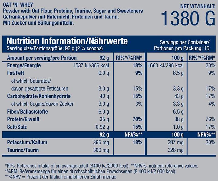 Valeurs nutritives et ingrédients Scitec Oat N Whey (Vanille, 1 pcs, 1380 g)