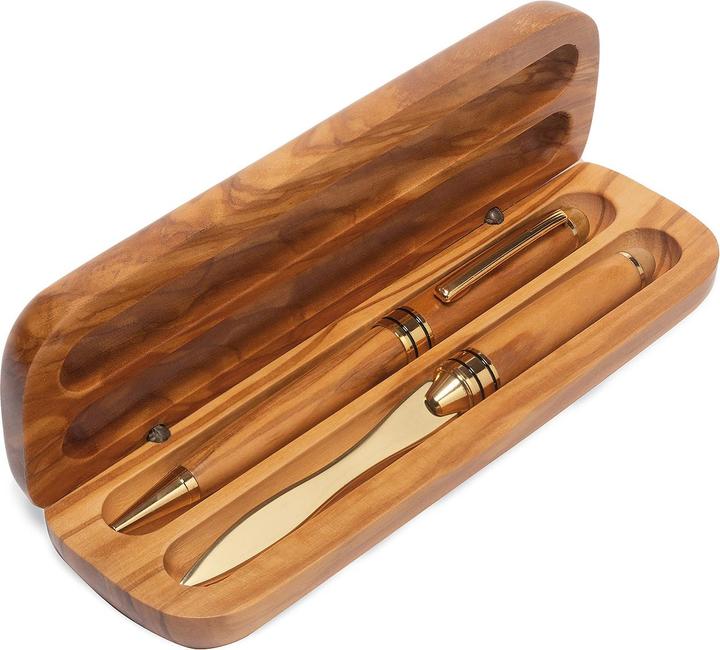 Natura Punto Elegant wooden box with ball pen & letter opener (Brown, 1 x)
