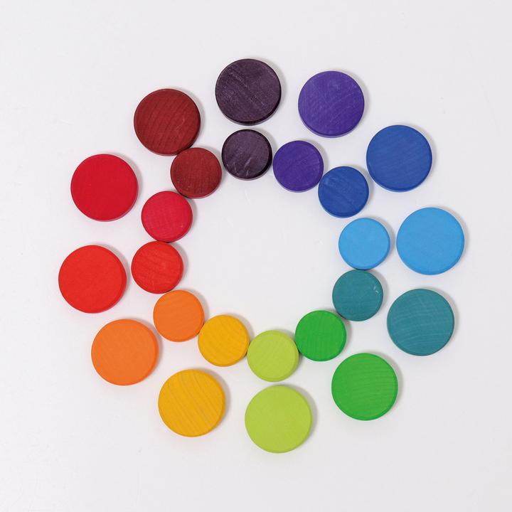 Actual product image Grimm's Wooden talers, rainbow (German, French, Swiss German, Italian, English)