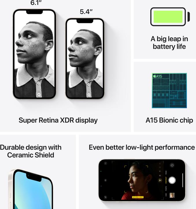 Produktbild Apple iPhone 13 (128 GB, Polarstern, 6.10", SIM + eSIM, 12 Mpx, 5G)