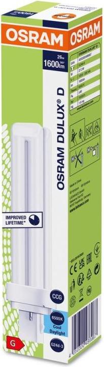 Produktbild Osram LEDVANCE Kompaktleuchtstofflampe DULUX D26W/865 (G24d-3, 27.30 W, 1600 lm, 2 x, B)