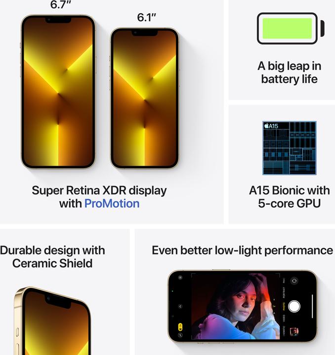 Produktbild Apple iPhone 13 Pro (128 GB, Gold, 6.10", SIM + eSIM, 12 Mpx, 5G)
