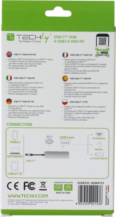 Immagine prodotto Techly USB3.1 Super Speed Hub 4 porte con cavo USB tipo C PD (USB-C, 4 Porti)