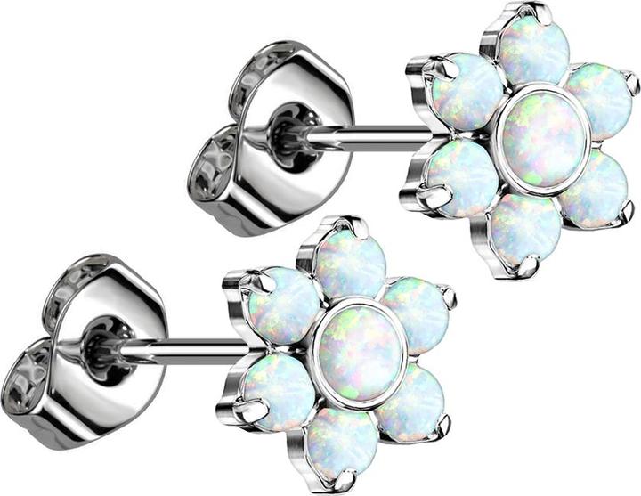 Actual product image Star Piercing Threadless stud earrings silver flower opals white (Titanium G23, without brass)