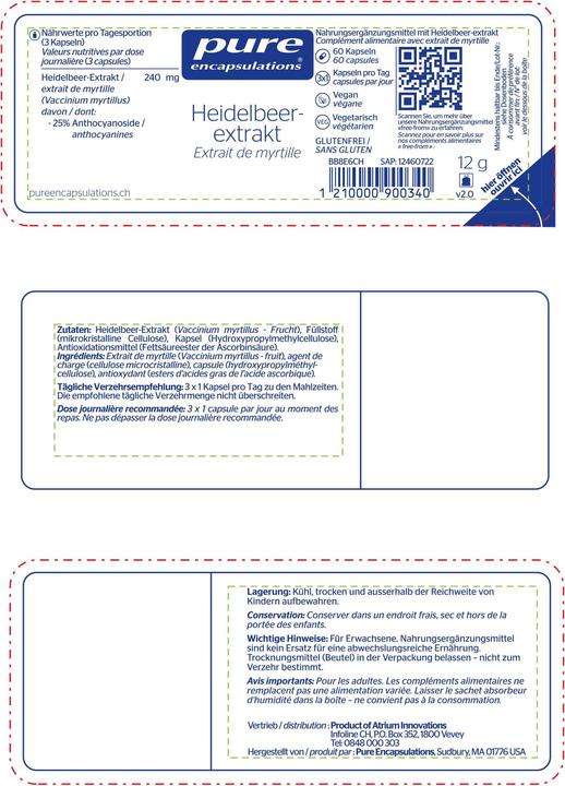 Nährwerte und Zutaten Pure encapsulations Heidelbeerextrakt (60 Stück, Kapseln, 27 g)