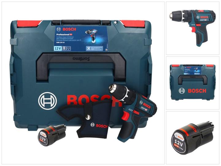 1x Bosch GSB 12V-15 Professional Akku Schlagbohrschrauber, 1x Bosch GBA 12V 3,0 Ah Akku ( 1600A00X79 ), 1x L-Boxx 102 ( 1600A001RP ), 1x passende Einlage