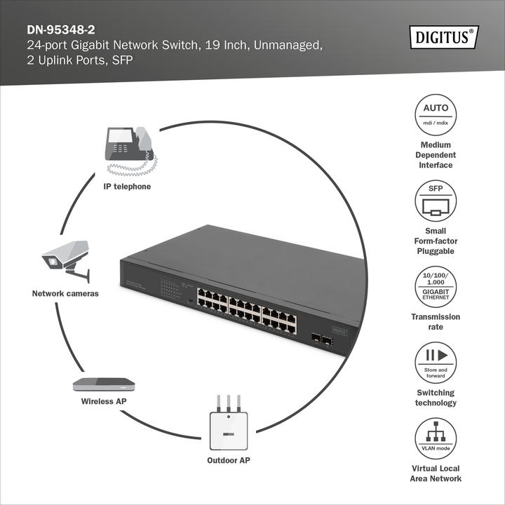 Productafbeelding Digitus 24-poorts Gigabit netwerkswitch, 19-inch, onbeheerd, 2 uplink poorten, SFP (24 Havens)