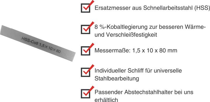 Produktbild Paulimot HSS-Ersatzmesser 1,5 x 10 x 80 mm (8 % Kobalt) für Abstechstahlhalter (1 Blätter)