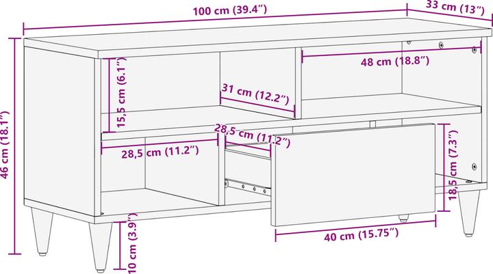 Image du produit VidaXL Meuble TV 100x33x46 cm en bois de manguier massif (100 x 33 x 46 cm)