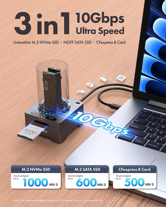 Produktbild Graugear Docking + Kartenleser für 1x M.2 NVMe, 1x M.2 NGFF, 1x CF-Express