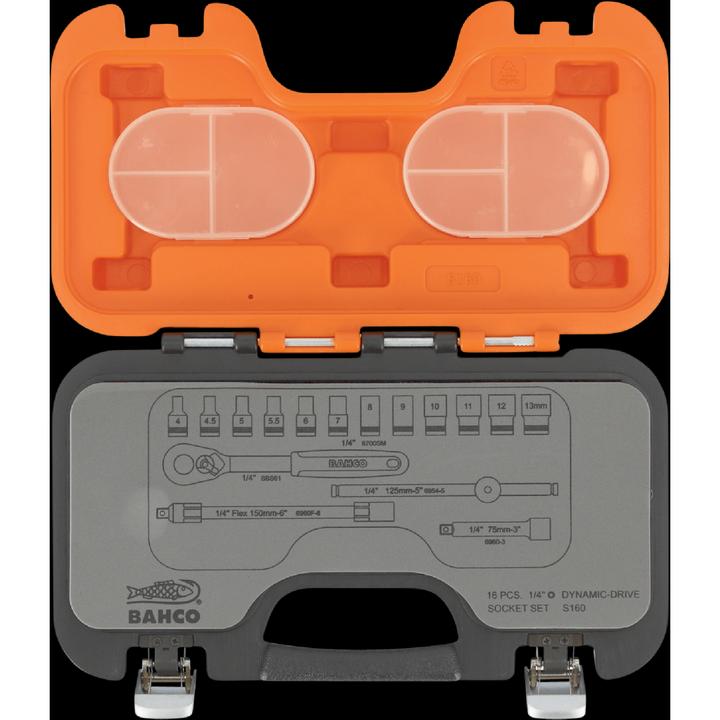Immagine prodotto Bahco 1/4"-Steckschlüssel-Satz, metrisch, Sechskant, inklusive Umschaltknarre - 16-teilig (13 mm, 8 mm, 10 mm, 4 mm, 11 mm, 7 mm, 12 mm, 6 mm, 9 mm, 5 mm)