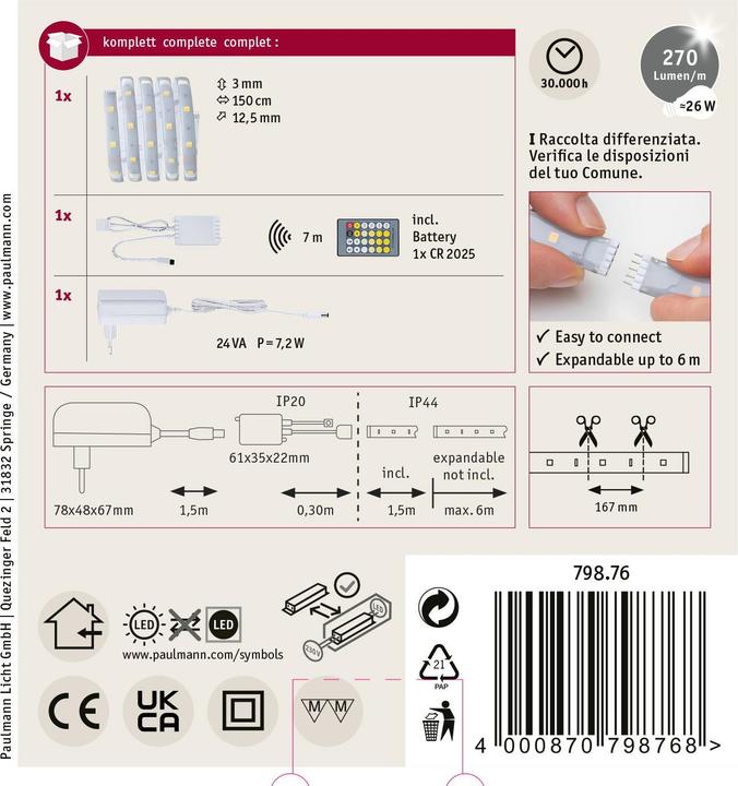 Immagine prodotto Paulmann Set di strisce MaxLED 250 (Bianco caldo, Bianco neutro, Bianco freddo, 150 cm, Interno)
