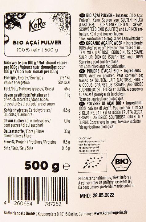 Nährwerte und Zutaten KoRo 100% reines Bio Açai Pulver (500g Beutel) (500 g)