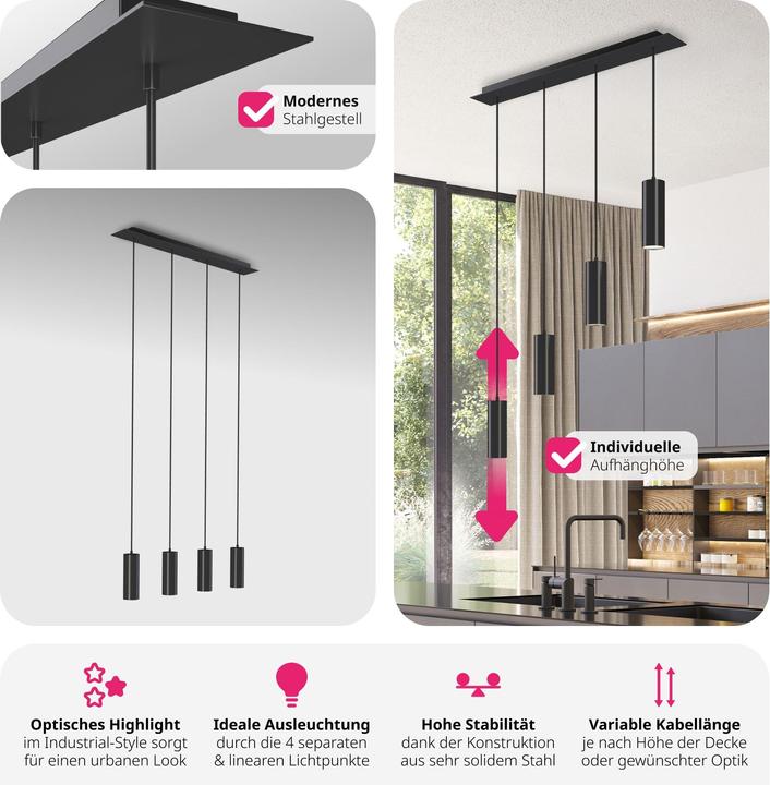 Produktbild tectake Pendelleuchte Lumea, 4-flammig, längenverstellbare Kabel (GU10)