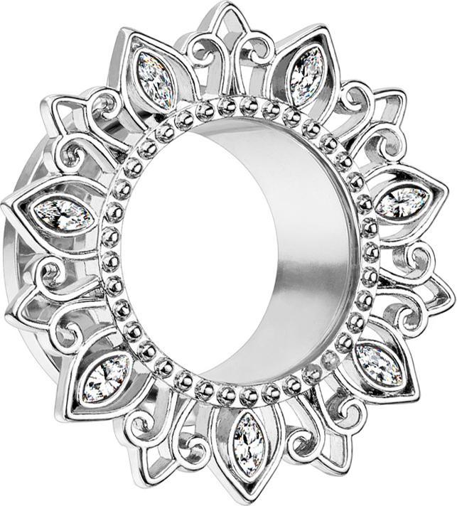 Actual product image Star Piercing Flesh Tunnel silver Lotus flower crystal silver (Brass, Surgical steel 316L)