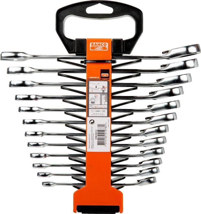 Produktbild Bahco Satz metrische Knarren-Ring-Maulschlüssel - 12-teilig/Kunststoffhalter (12 mm, 8 mm, 13 mm, 10 mm, 19 mm, 17 mm, 18 mm, 11 mm, 16 mm, 15 mm, 14 mm, 9 mm)
