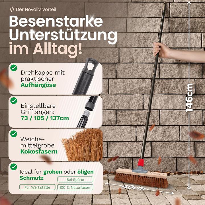 Produktbild Novaliv Kokosbesen 40 cm mit Stiel Kokosborsten inkl. Kehrgarnitur verzinkt mit Gummilippe bestehend (1 Stk.)