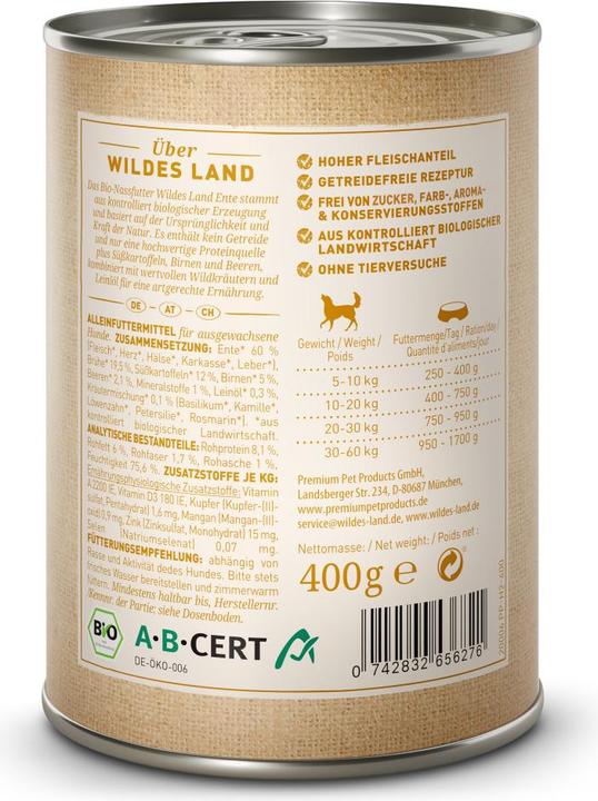 Immagine prodotto Wildes Land Cibo umido Anatra con patate dolci, pere e bacche 400 g (Adulto, 1 pz., 440 g)