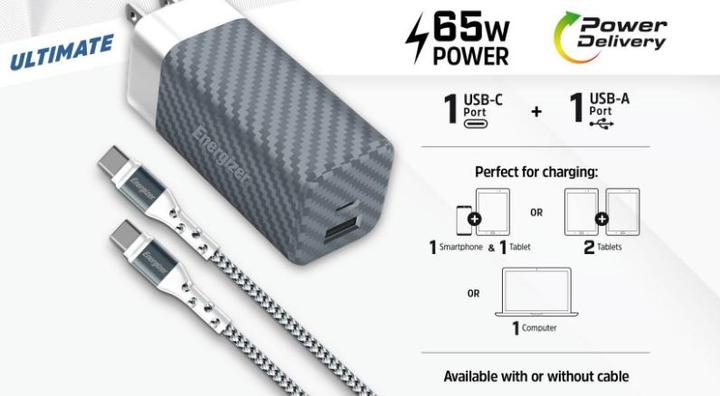 Immagine prodotto Energizer Caricabatterie Power Delivery - 65 W - UE/UK/US incluso cavo USB-C a USB-C (65 W)