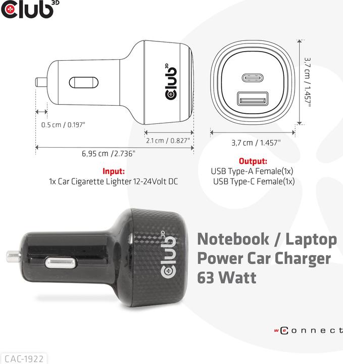 Image du produit Club 3D Club3D Chargeur USB pour voiture 1xUSB C, 1xUSB A, 63W, 12/24V retail