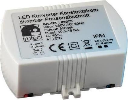 Produktbild Rutec LED Konverter, 350mA, 10,5W-16,8W, 230V AC, dimmbar mit Phasenabschnitt, statisch, IP64