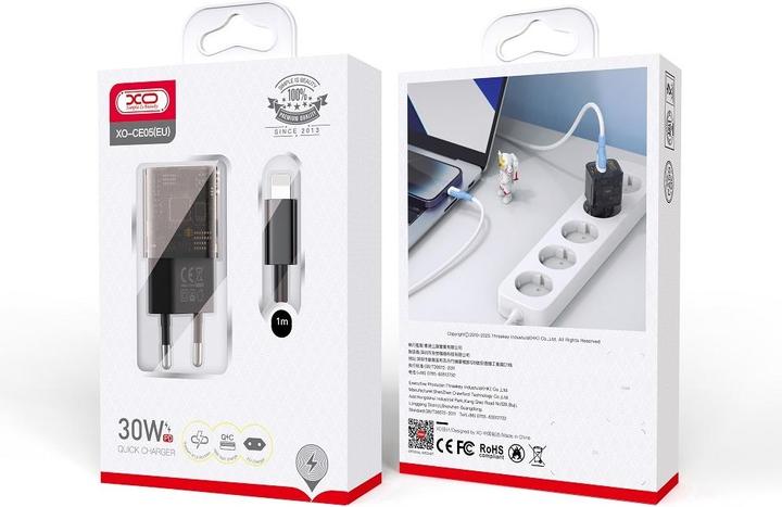 Produktbild xO Durchsichtiges Wandladegerät CE05 PD 30W QC 3.0 18W 1x USB 1x USB-C braun + USB-C - Lightning Kabel (30 W)