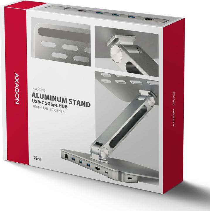 Actual product image Axagon HMC-STND stand for laptops and tablets, USB-C hub - silver (USB-C, 7 Ports)