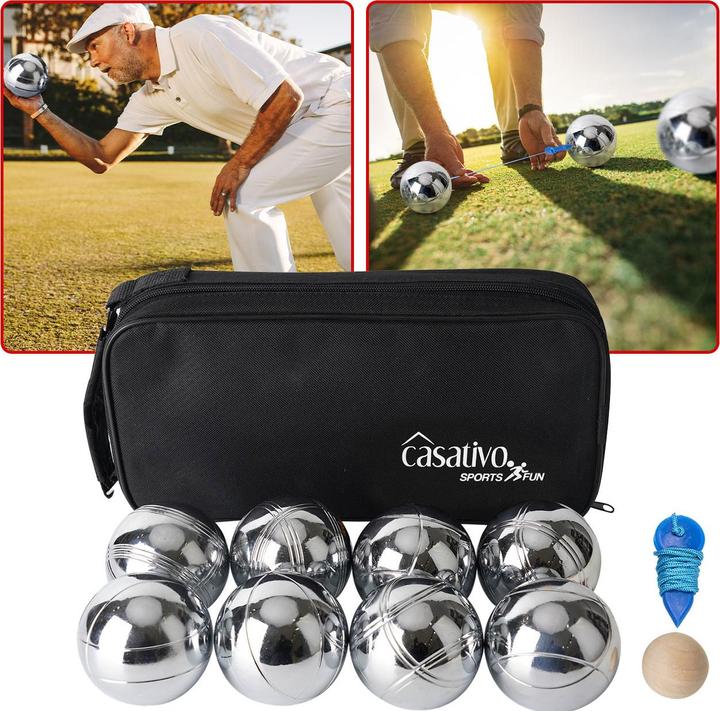 Casativo Boule- & PÃ©tanque-Spiel mit 8 Metallkugeln, Holzkugel, Abstandsmesser, Tragetasche (8 x)