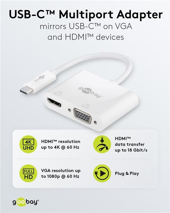Actual product image Goobay USB-C™ Multiport Adapter HDMI™+VGA, 1pcs. in polybag, White (USB-C, 1 Ports)