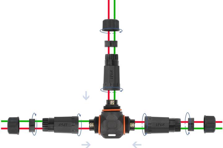 Actual product image Delock Cable connector T-shape for outdoor use 2 pin, IP68 waterproof, screwable, cable diameter 4,5