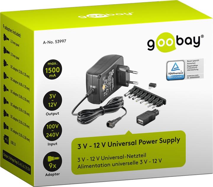 Produktbild Goobay 3 V - 12 V Universal-Netzteil 1.5A