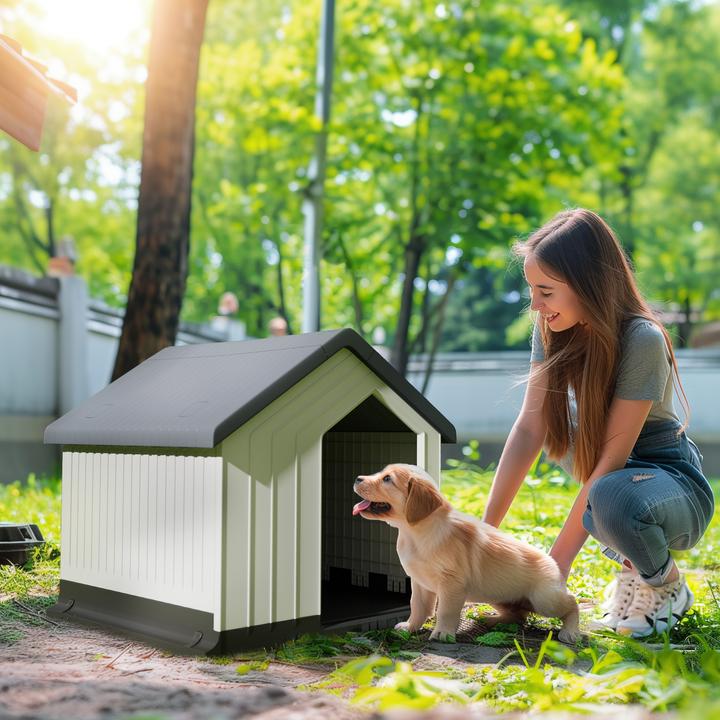 Produktbild PawHut Hundehütte Kunststoff Grau+Weiss (Hundehütte)