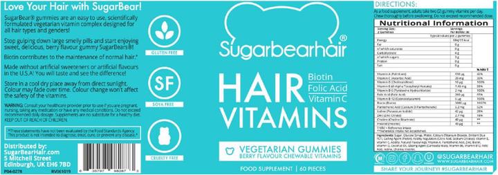 Valeurs nutritives et ingrédients Sugarbearhair Hair Vitamins Gommes 6 mois (6 pièce(s), Gummies, 900 g)