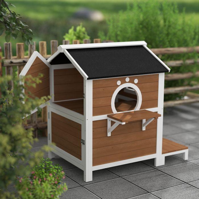 Immagine prodotto Swisshandel24 Katzenhaus aus Holz Katzenhöhle mit Fenster, Balkon für Indoor, Outdoor Braun (Gatto)