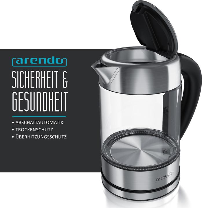 Immagine prodotto Arendo Bollitore da 1,7 l, 2200 W, acciaio inox con corpo in vetro, selezione della temperatura 40°C - (1.70 l)