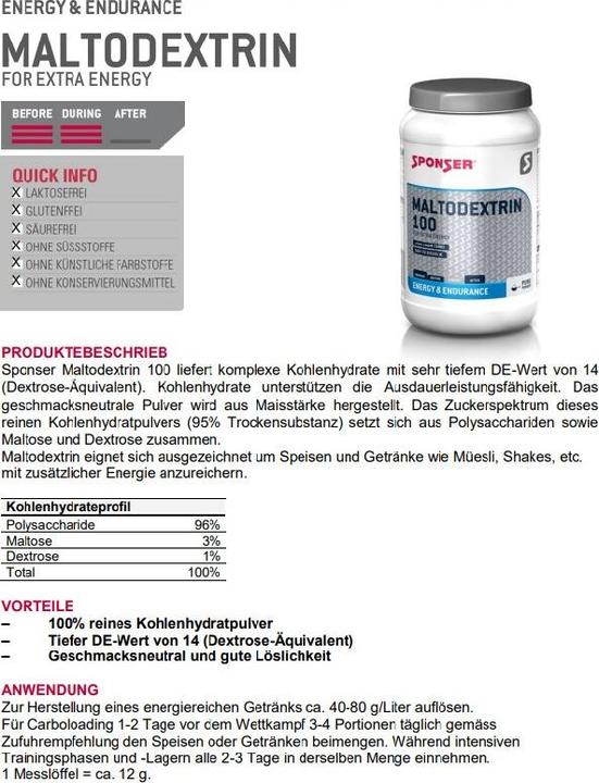 Valeurs nutritives et ingrédients Sponser maltodextrine 100 (Neutre, 1 pcs, 900 g)