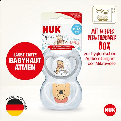 Produktbild NUK Disney Winnie Puuh Space Silikon-Schnuller, kiefergerechte Form, 6-18 Monate, 2 Stück, grau & we (2 x, ab 18 Monaten)