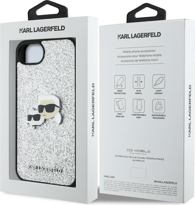 Actual product image Karl Lagerfeld - Hardcase Glitter Fixed (KLHCPSE4PFGKCPS) - iPhone 16e - Silver Karl&Choupette Head (Apple iPhone 16e)