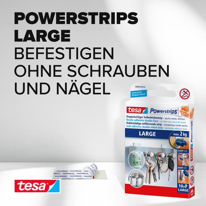 Produktbild tesa Powerstrips LARGE, 2kg Halteleistung, 10x doppelseitige Klebestreifen