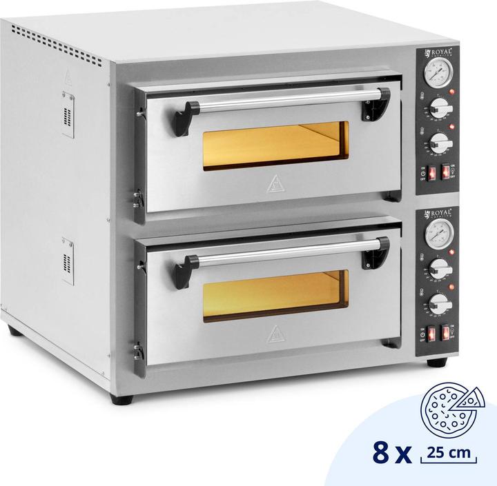 Immagine prodotto Royal Catering Forno elettrico per pizza - 4+4 x 25 cm - 2 camere - 8.400 W - 400 V - Pietra chamotte - Royal (Forno elettrico per pizza)