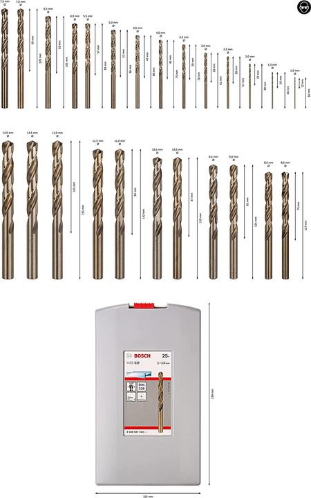 Immagine prodotto Bosch Professional Zubehör Set di punte elicoidali PRO in acciaio inox HSS-Co, 25 pezzi. (1 mm, 1,5 mm, 2 mm, 2,5 mm, 3 mm, 3,5 mm, 4 mm, 4,5 mm, 5 mm, 5,5 mm, 6 mm, 6,5 mm, 7 mm, 7,5 mm, 8 mm, 8,5 mm, 9 mm, 9,5 mm, 10 mm, 10,5 mm, 11 mm, 11,5 mm, 12 mm, 12,5 mm, 13 mm)