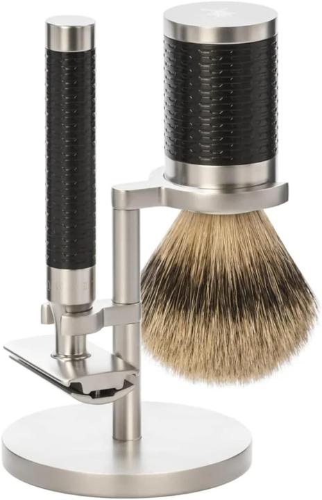 Actual product image Mühle ROCCA, shaving set, 3-piece, shaving brush with silver tip badger pluck, HANDCRAFT, stainless steel