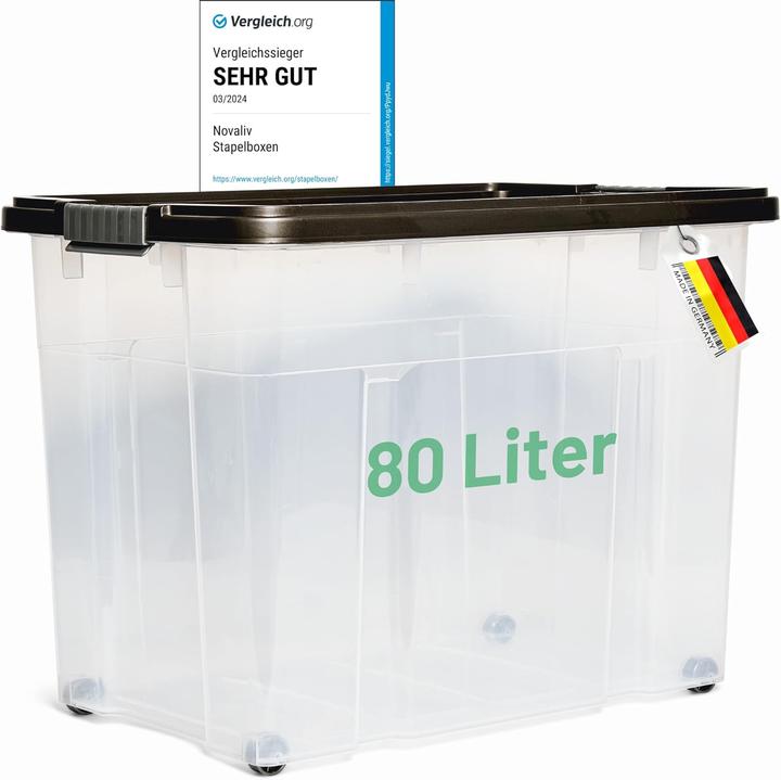 Produktbild Novaliv XXL Aufbewahrungsbox mit Deckel Gross 80L Anthrazit Nestbar stapelbare Plastikbox mit Clipver (61 x 40 x 45 cm, 80 l)