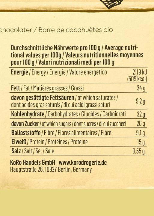 Nutritional values and ingredients KoRo Organic peanut bar with chocolate coating (1 pcs., 600 g)