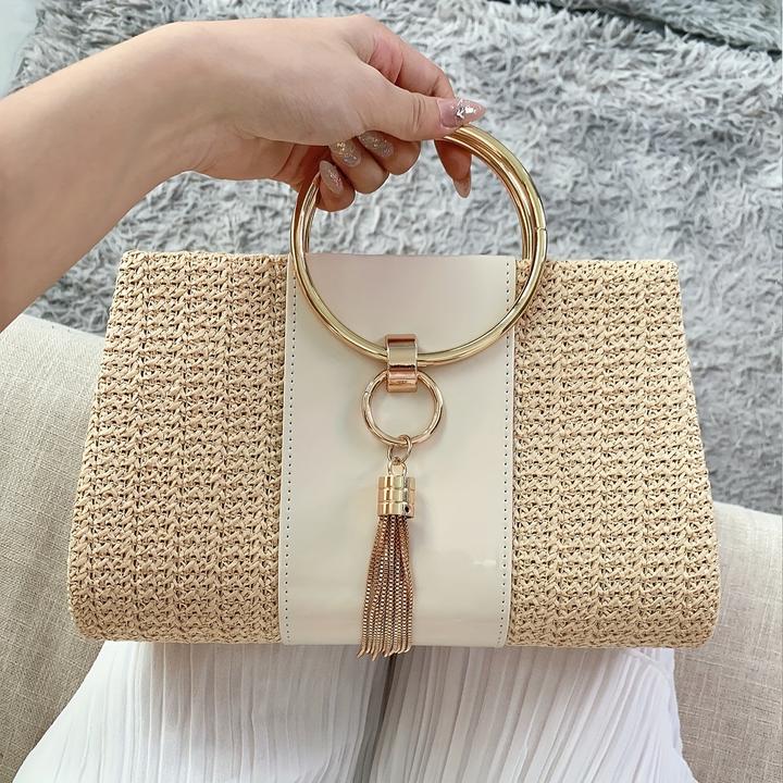 Produktbild Only-Bags.Store Abendtasche aus Stroh mit Quasten, elegante Umhängetasche mit abnehmbarem Riemen, sommerliche