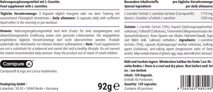Valeurs nutritives et ingrédients Foodspring L-Carnitine (1 pièce(s), Capsules, 90 g)