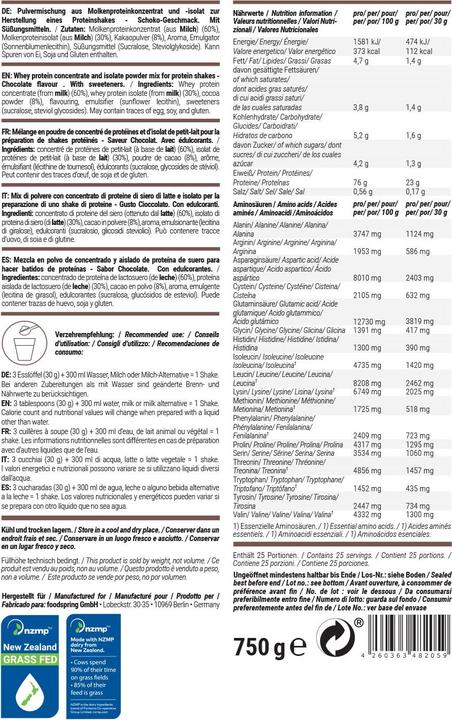 Nutritional values and ingredients Foodspring whey protein (Chocolate, 1 pcs., 750 g)