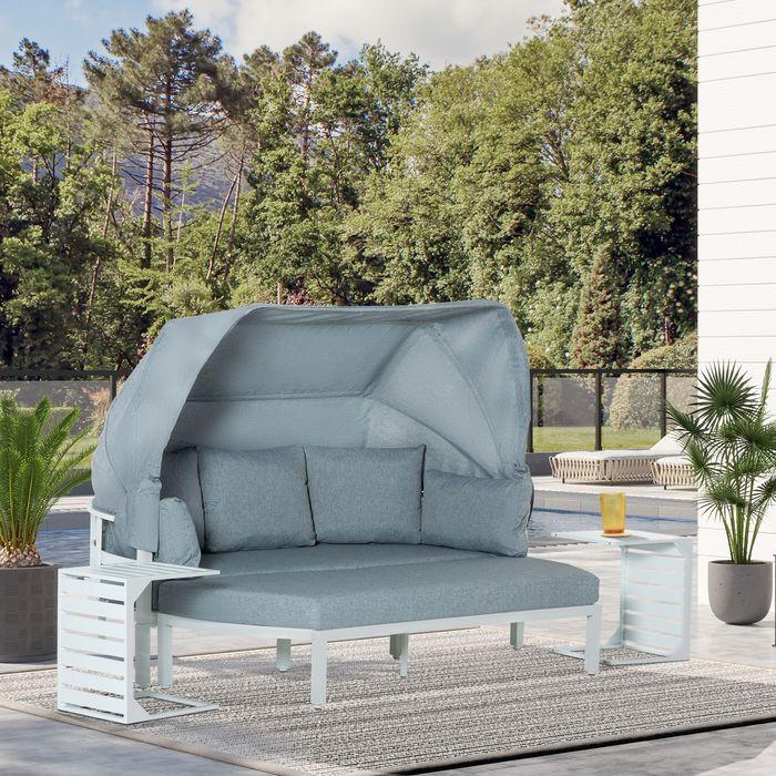 Image du produit Swisshandel24 Salon de jardin 5 personnes avec table basse et canapé avec coussins Outdoor Aluminium Blanc+Gris