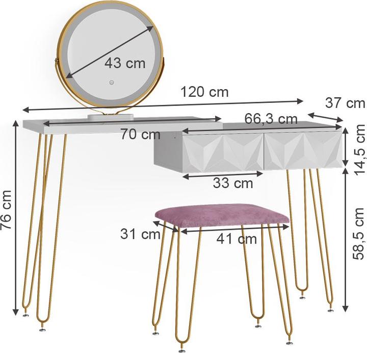 Actual product image Vicco Bella with stool and lighting (120 x 37 x 76 cm)