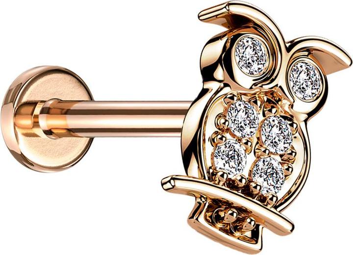 Image du produit Star Piercing Micro Labret femelle rose doré hibou cristaux argentés (Laiton, Acier chirurgical 316L)